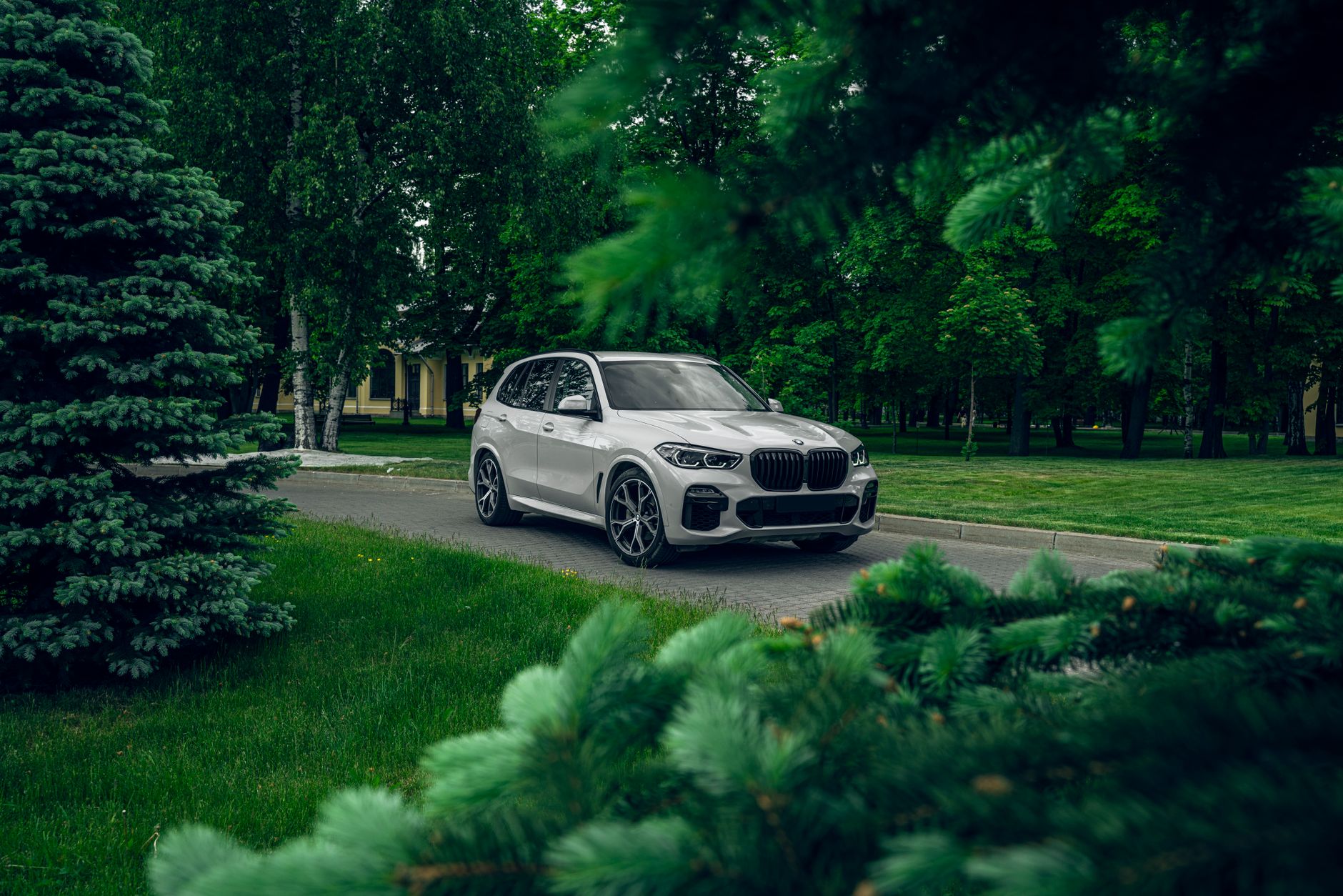 Biały SUV Skoda zaparkowany w zielonym parku